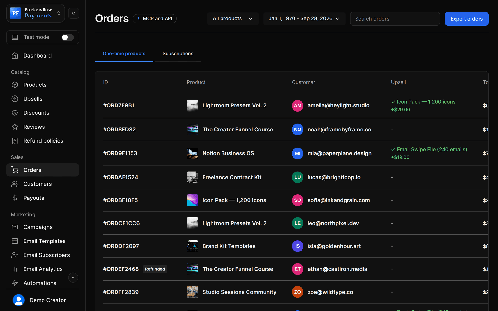 Pocketsflow orders: one time product orders with product, customer, total paid, and date.