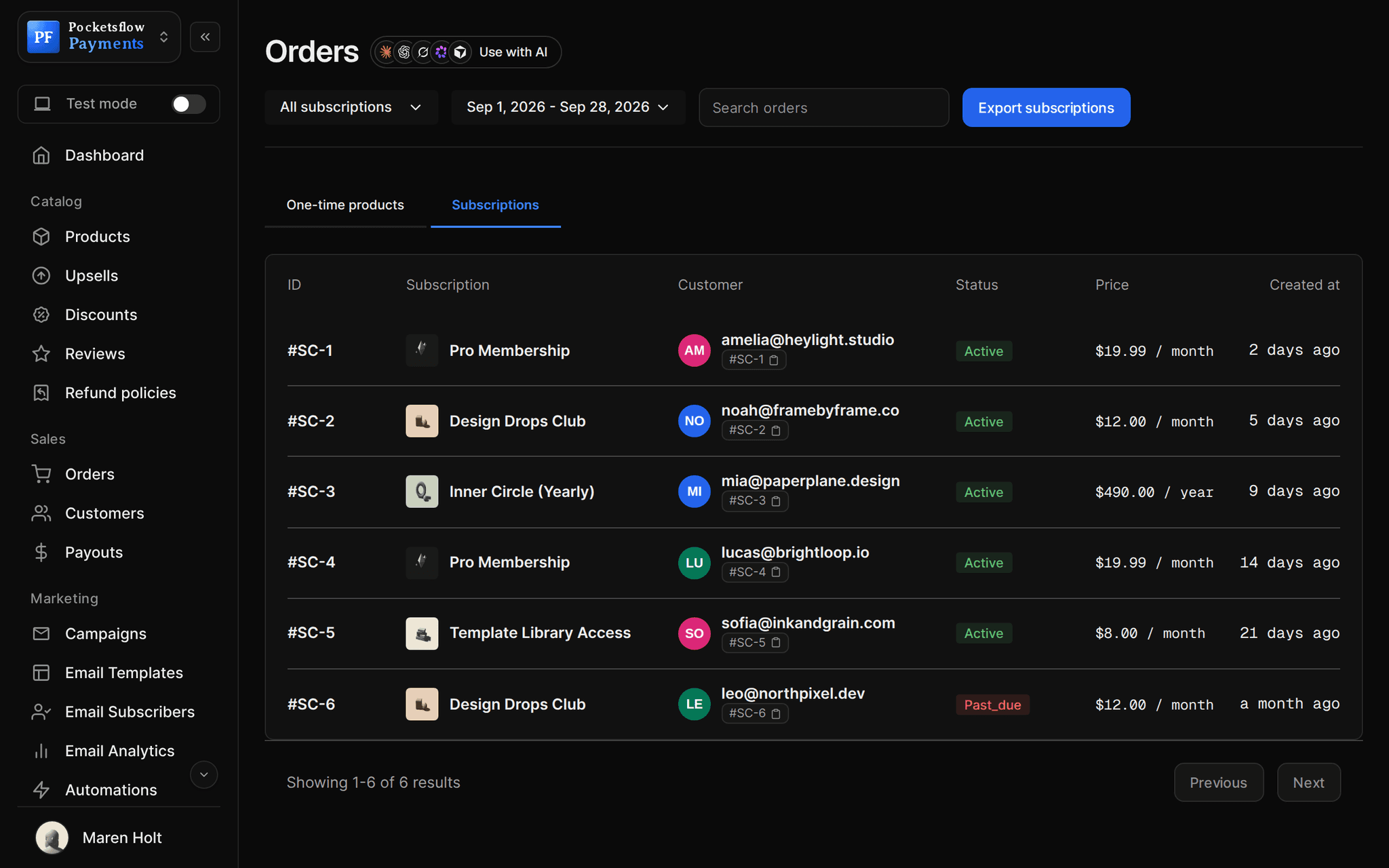 Orders, Subscriptions tab: subscribers with plan, customer email, Active or Past due status, price per month or year and start date