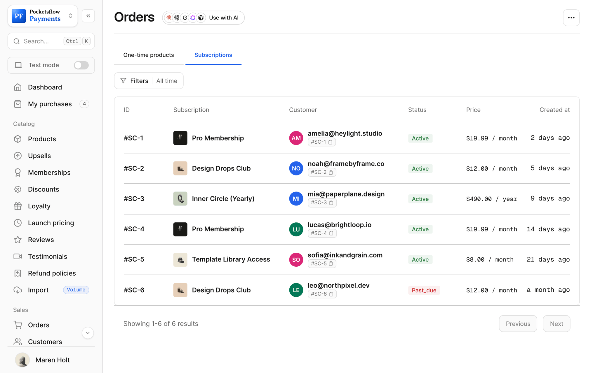 Orders, Subscriptions tab: subscribers with plan, customer email, Active or Past due status, price per month or year and start date