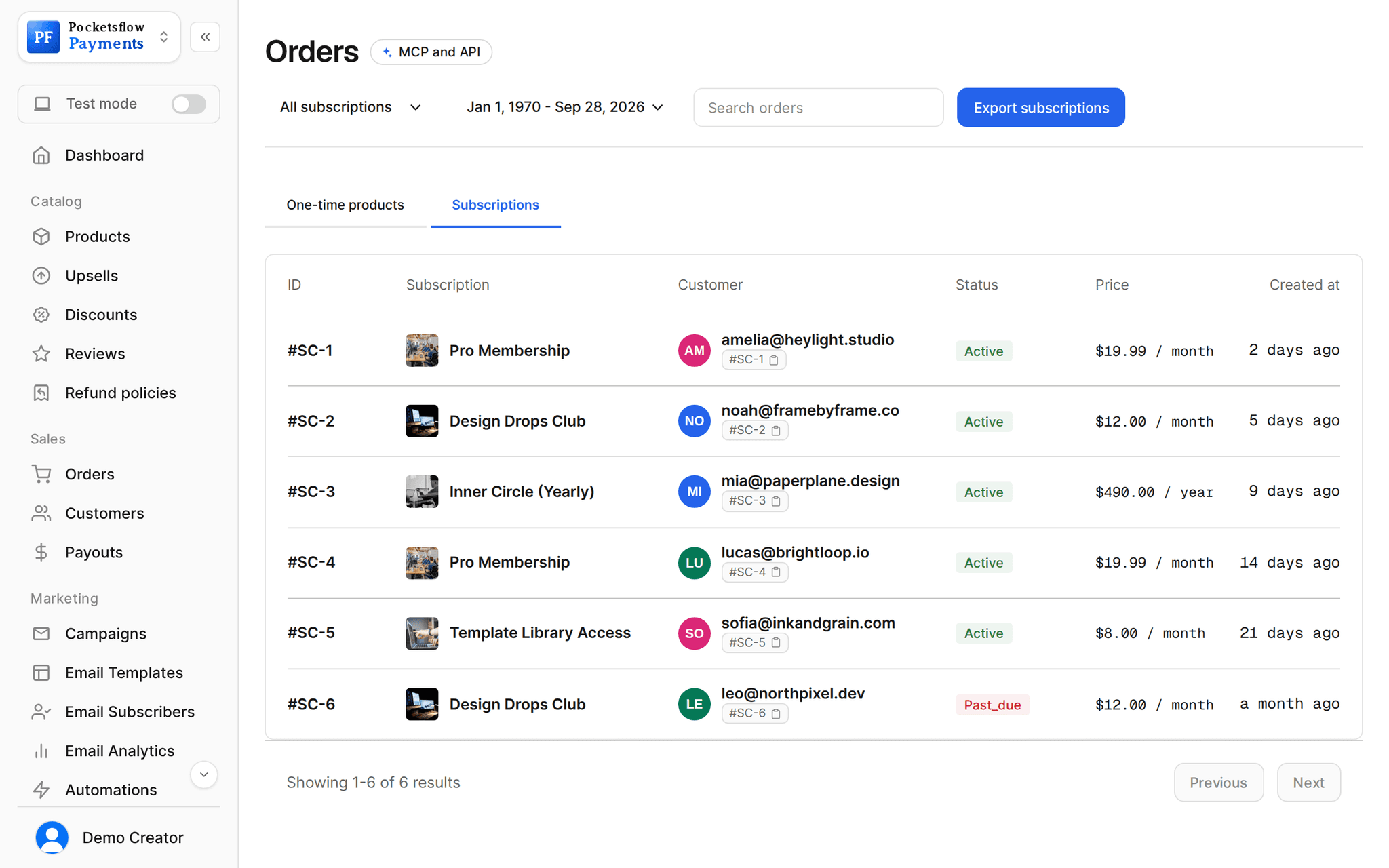 Pocketsflow subscriptions: every subscriber with their plan, status, price and start date.
