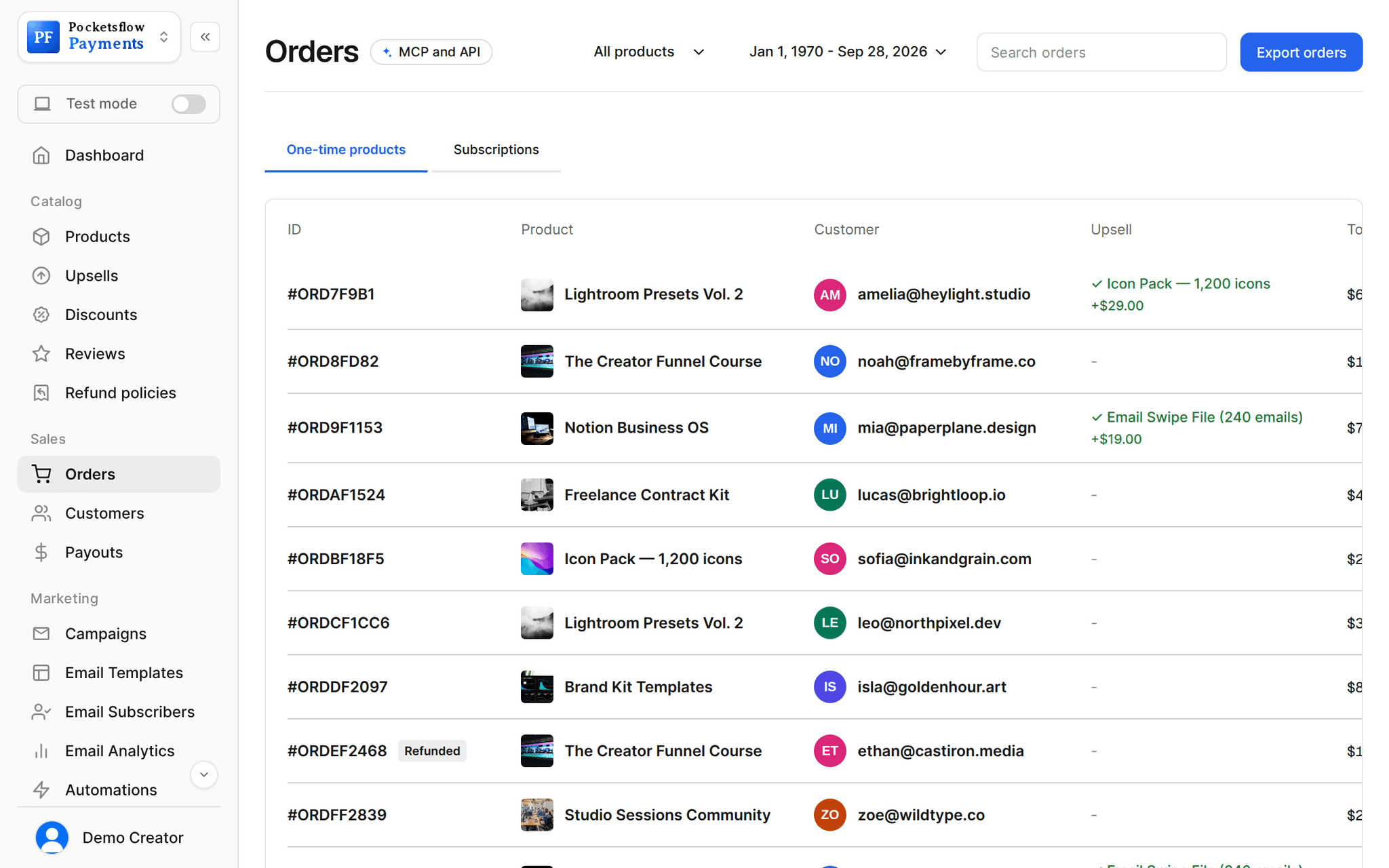 Pocketsflow orders: one time product orders with product, customer, total paid, and date.