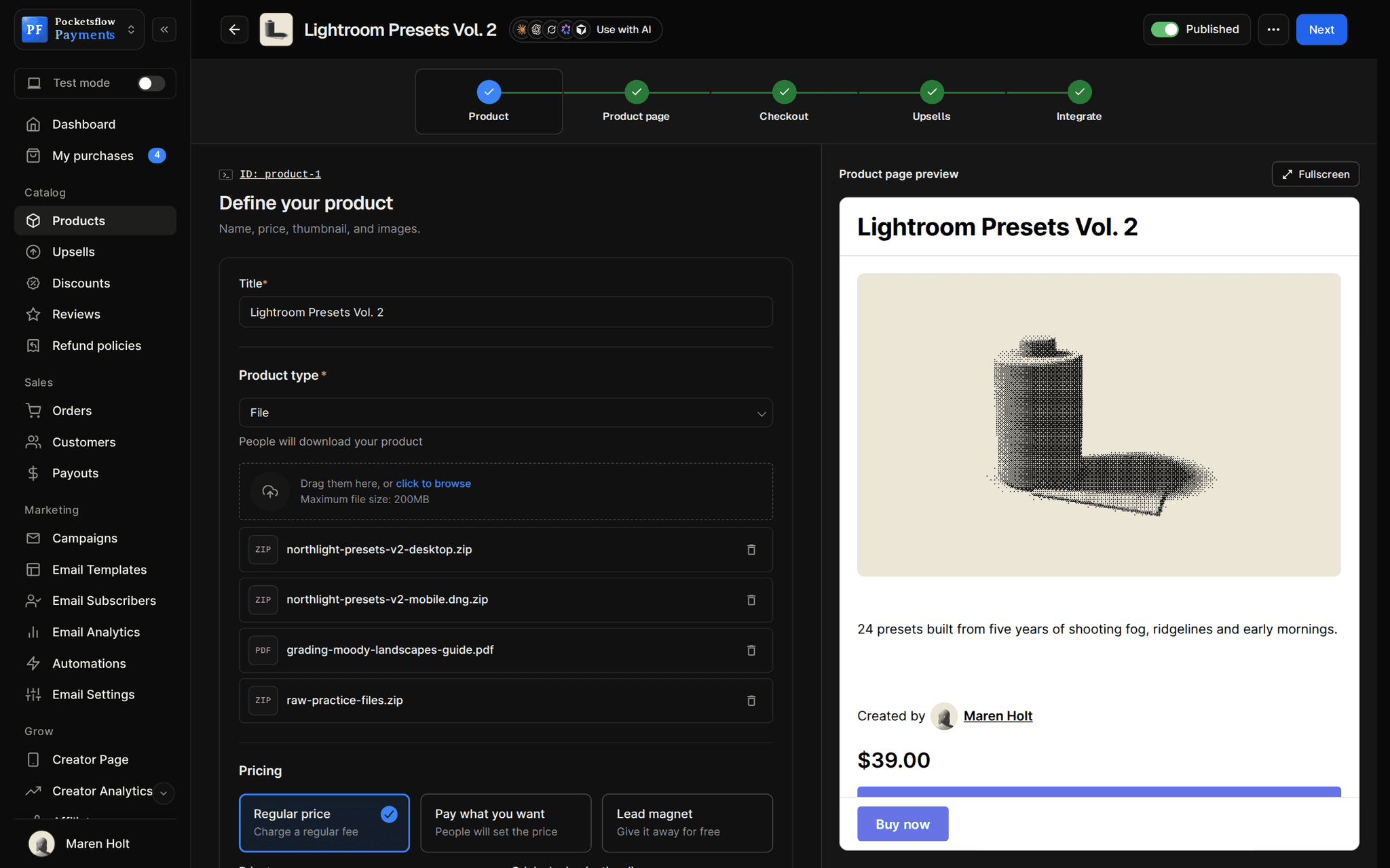 Product editor for Lightroom Presets Vol. 2 with the five-step rail (Product, Product page, Checkout, Upsells, Integrate), title, File type with four uploaded files and pricing options, and a live product page preview with a dithered film canister on a bone background