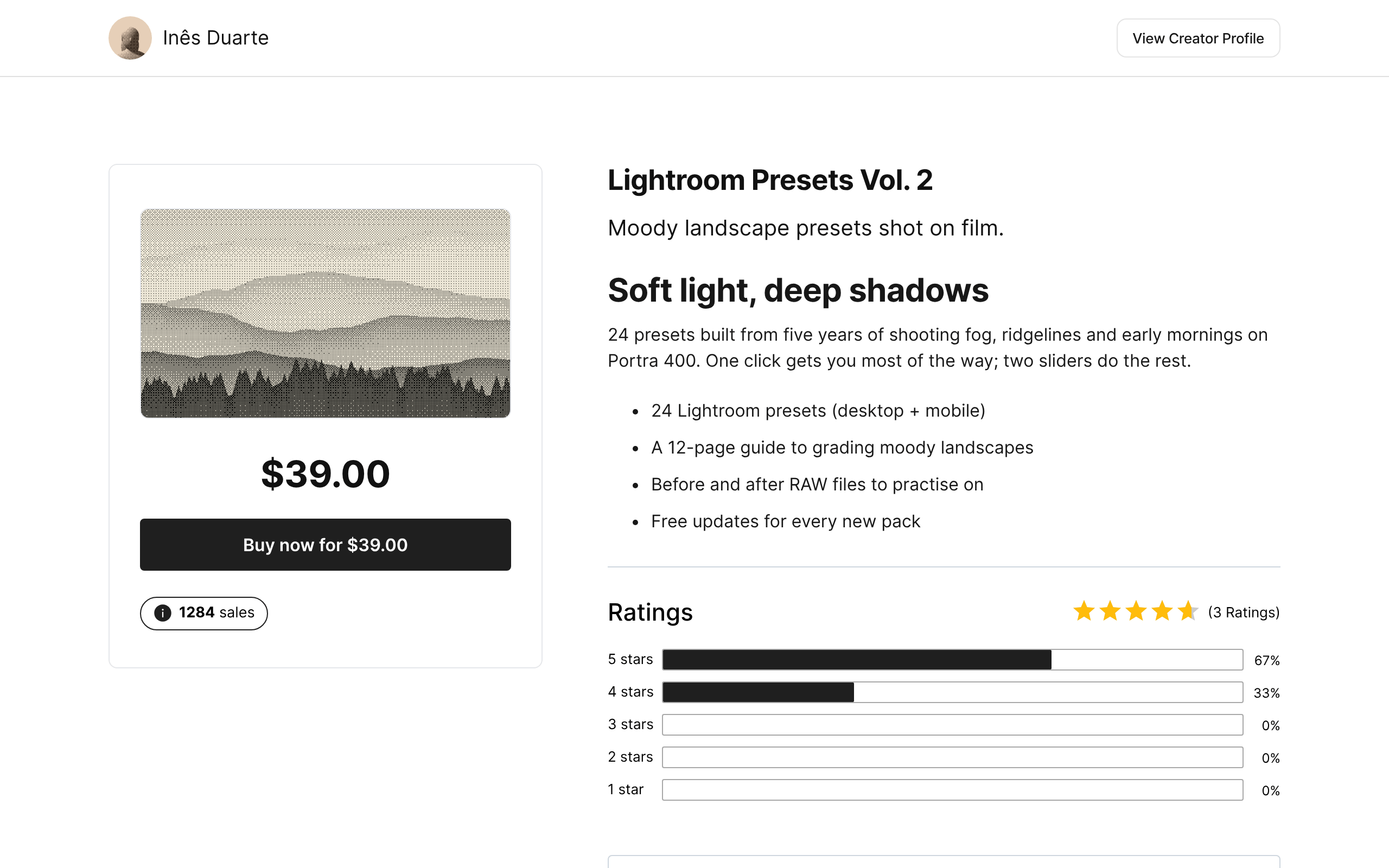 Public product page for Lightroom Presets Vol. 2 by Inês Duarte: product card with a dithered fog and ridgeline landscape, $39.00 and a Buy now button, 1,284 sales, the description with a bullet list, and ratings with 3 reviews
