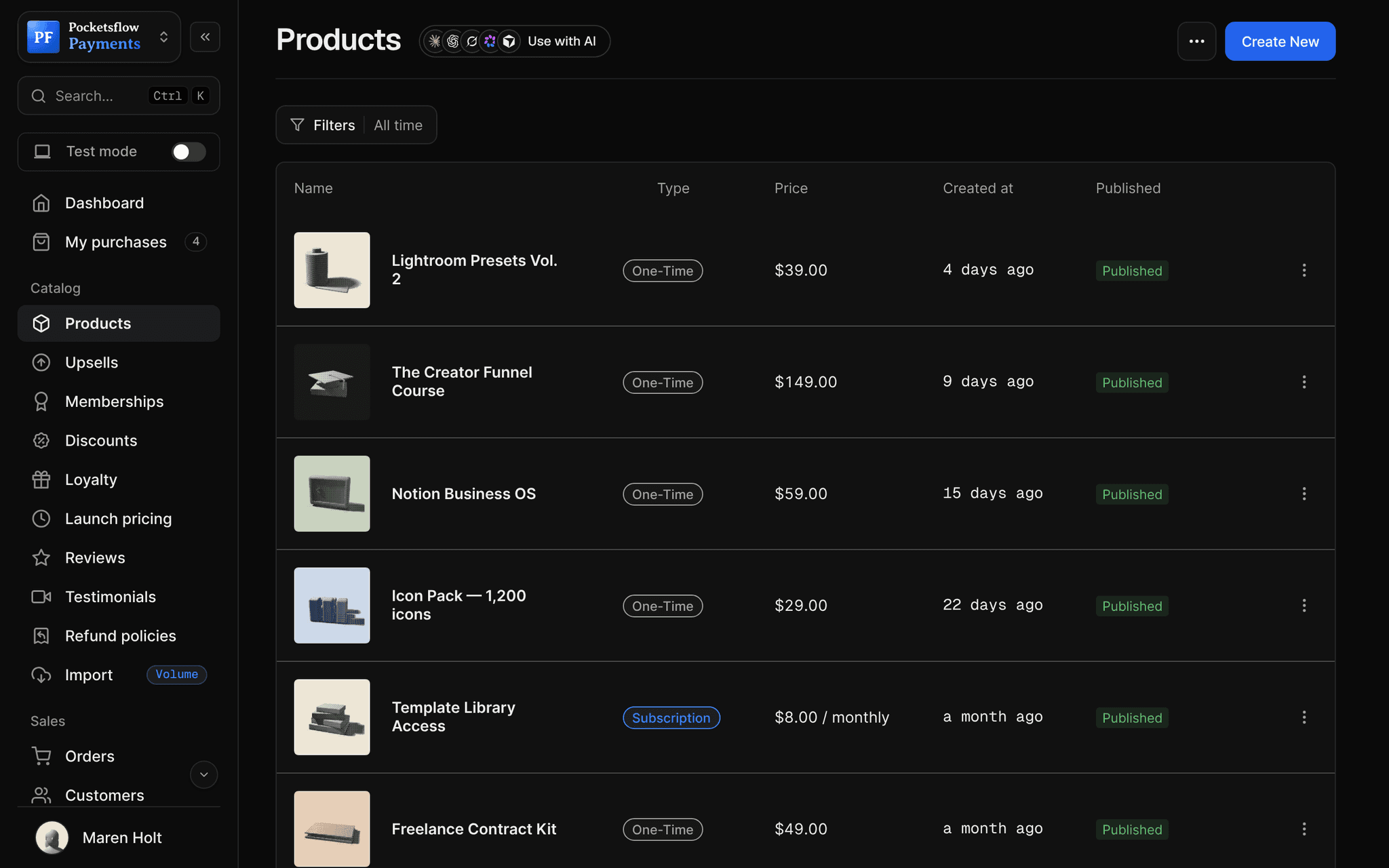 Products list with thumbnails, type, price, created date and published status: Lightroom Presets Vol. 2 $39, The Creator Funnel Course $149, Notion Business OS $59, Icon Pack $29, Template Library Access $8 a month and more