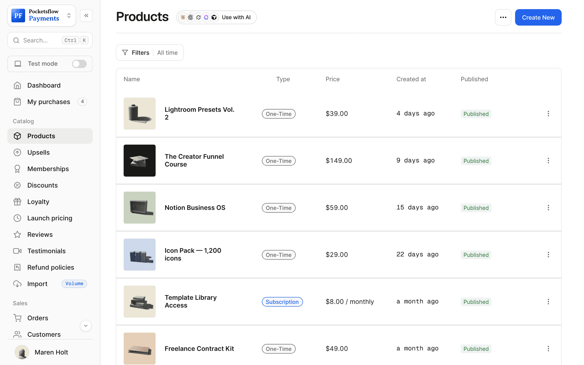Products list with thumbnails, type, price, created date and published status: Lightroom Presets Vol. 2 $39, The Creator Funnel Course $149, Notion Business OS $59, Icon Pack $29, Template Library Access $8 a month and more