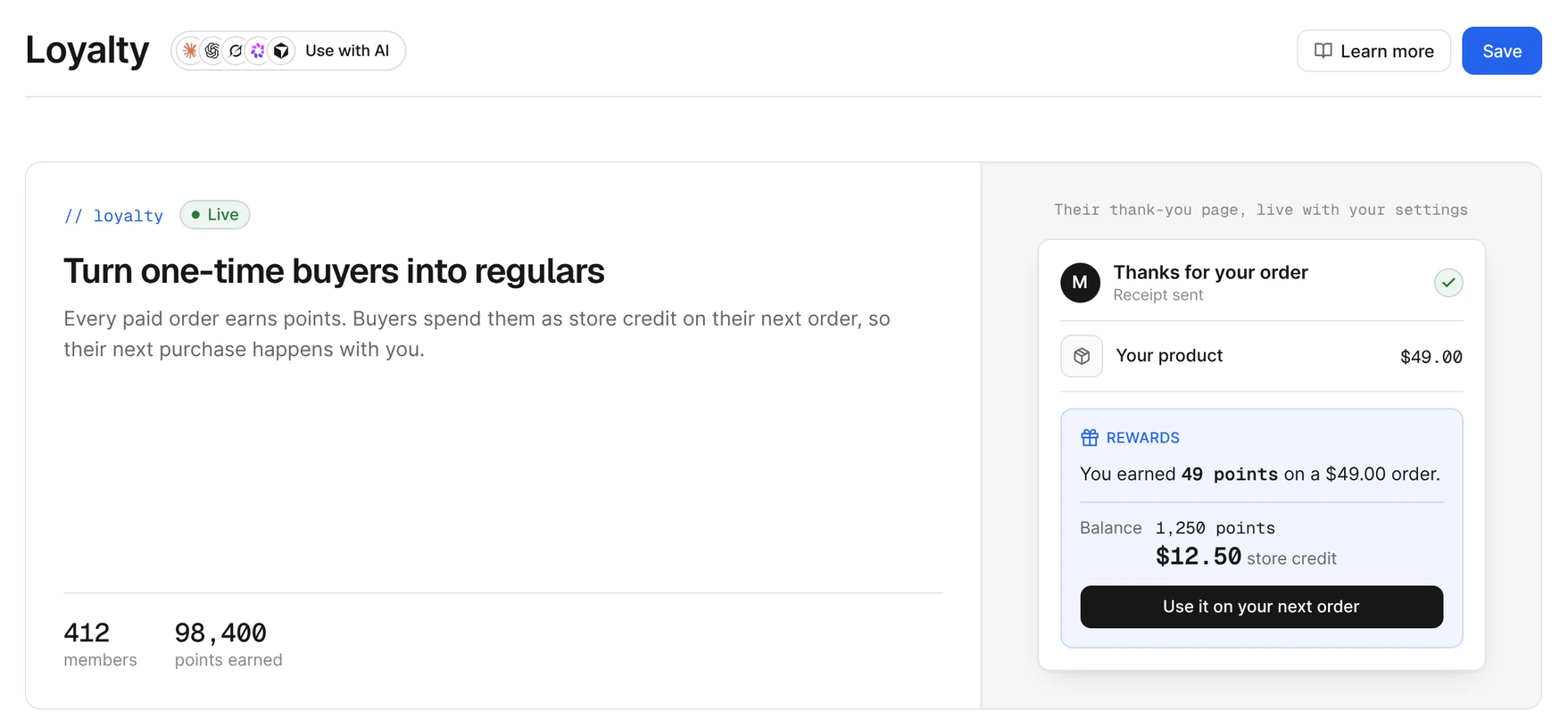 Loyalty: 412 members and 98,400 points earned, with the buyer's thank-you page showing 49 points earned and $12.50 of store credit
